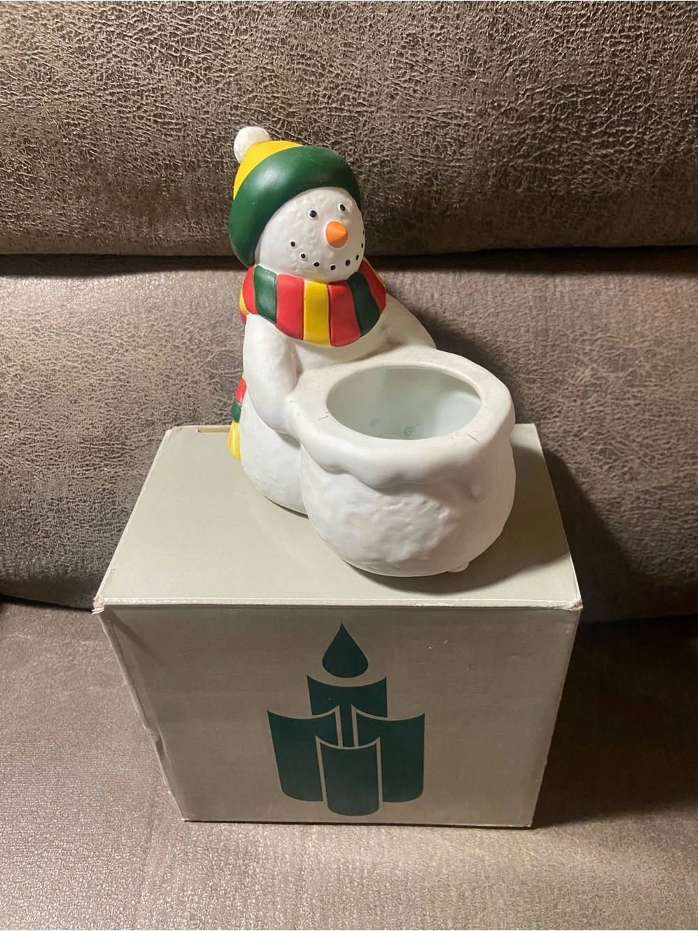 Snowman PartyLite Tea light Holder - White with Green, Red & Yellow Accents VTG